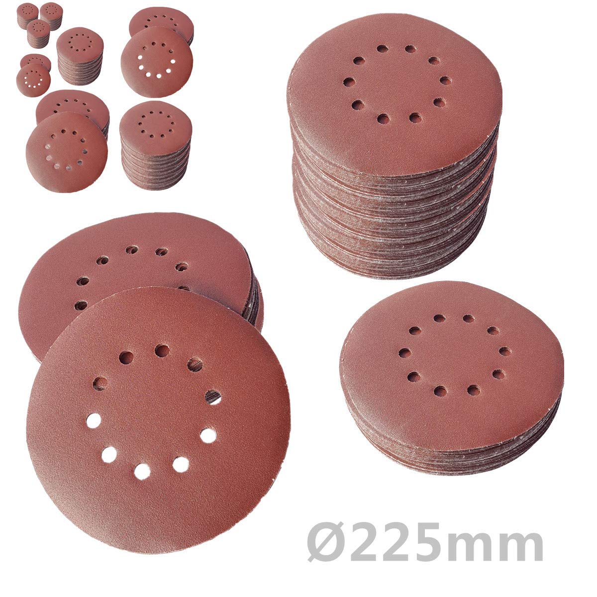 100 discos abrasivos de KLETT Ø 225 mm con 10 agujeros, grano P40, lijadora excéntrica de cuello largo, lijadora orbital de Bohrfux