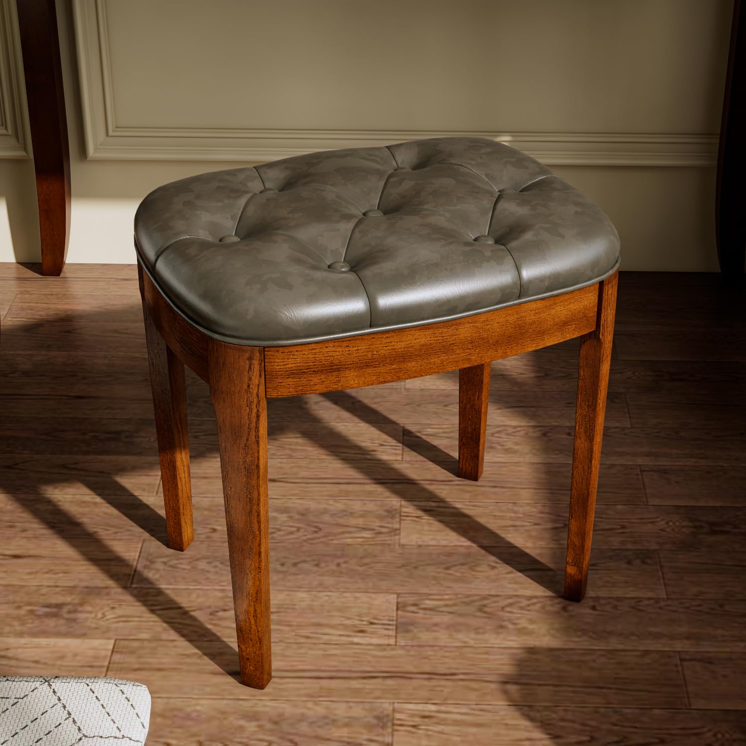 VERDANTREE Vantity Bench Stool with Upholstered, Elegant Modern Bed Stool, Makeup Dressing Bench,Versatile for Dining, Living Room, 19.3”X 14.9”×19.3”, Easy Assembly? Beeswax Leg &Grey Seat FD-HNY-GY