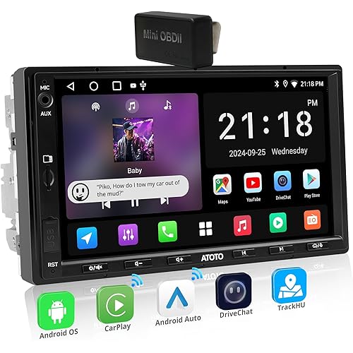 A5L Android Double DIN Car Stereo with OBD II Scanner, 7 inch Wireless Carplay & Android Auto Touchscreen Radio 2G+32G, 24-B EQ DSP, WiFi/BT/USB Tethering, GPS Tracker, FM/AM