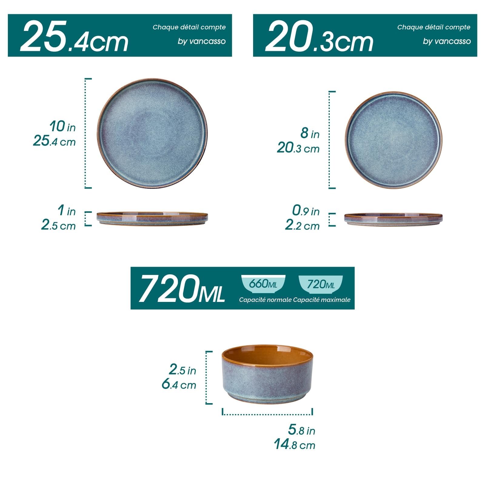 vancasso ONION Assiettes Service de Table 24 Pièces pour 8 Personnes, Service Complet en Grès - 8 Assiettes Plates, 8 Dessert et 8 Bols - Adapté au Micro-Ondes, Glaçure Gris Bleu