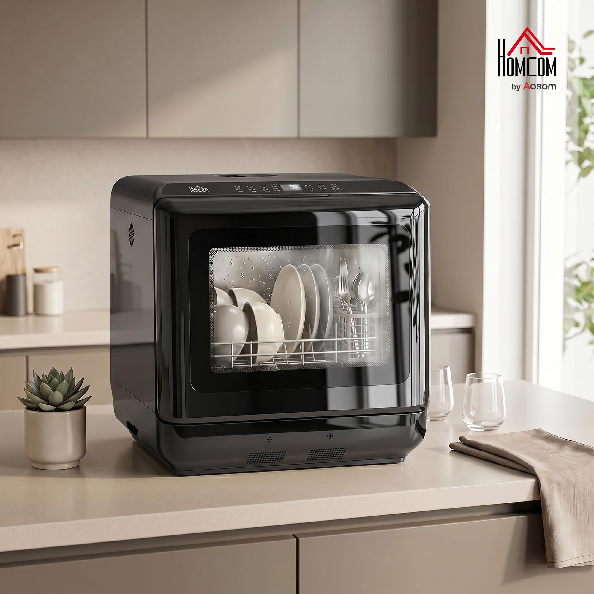 HOMCOM Lavavajillas de mesa mini lavavajillas con depósito de agua integrado de 6 litros, 5 programas, control táctil, pantalla LED, 4 cubiertos, doble suministro de agua y función de secado al aire