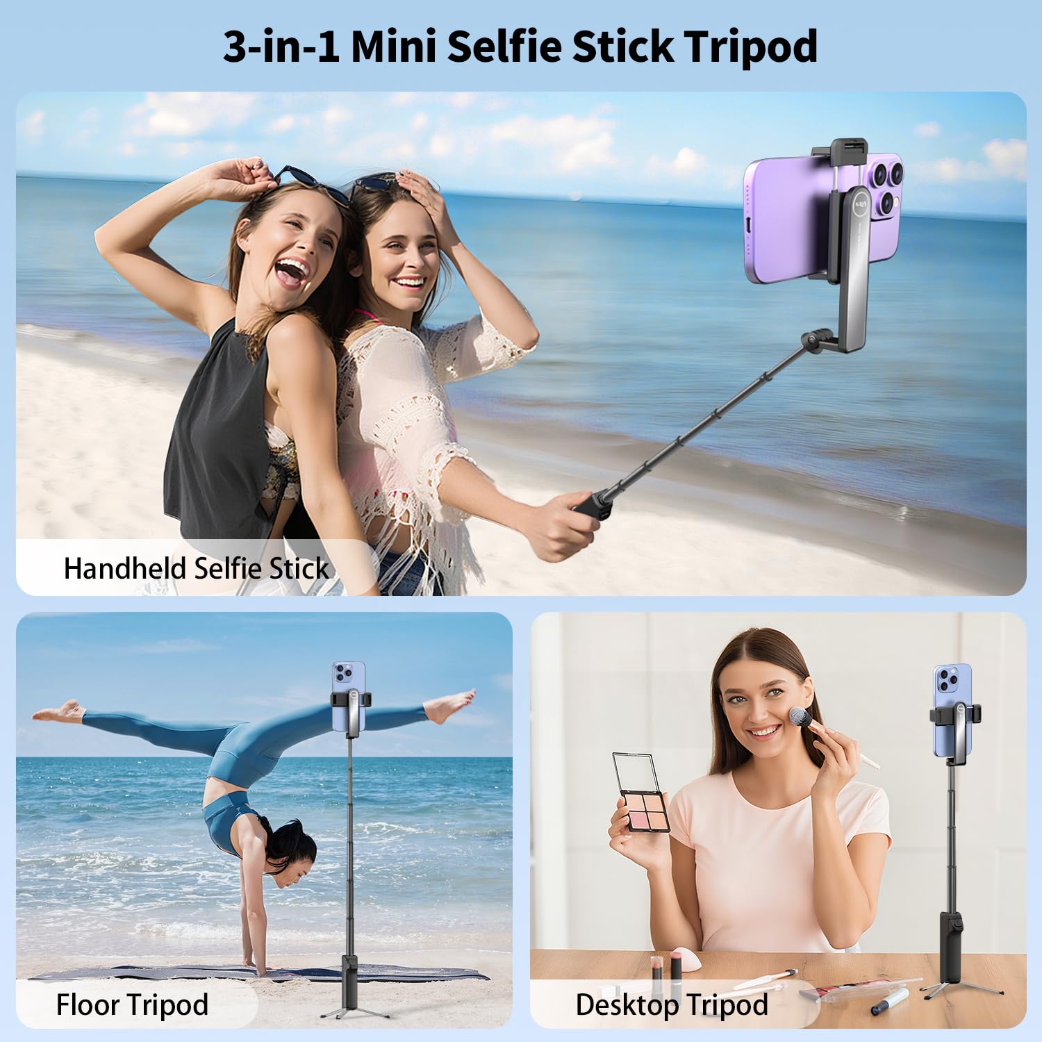 yAyusi Estensibile Mini Selfie Stick Treppiede con Telecomando, Treppiede Portatile Tascabile per iPhone, Piccolo Compatto Telefono Selfie Stick per Vlog/Registrazione Video/Streaming Live (Nero)
