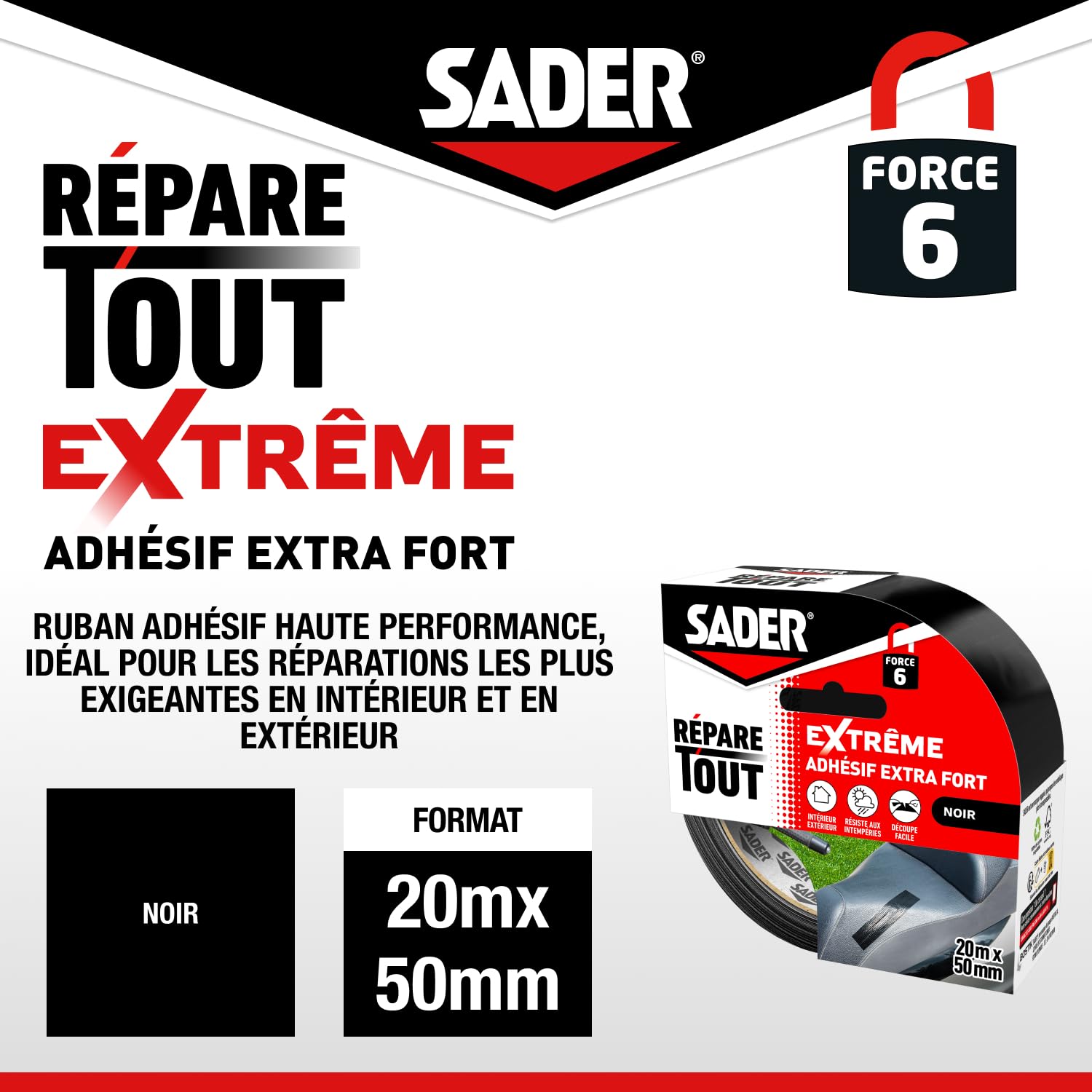 SADER Repare Tout Extrême Noir Adhésif Extra Fort 20m x 50mm