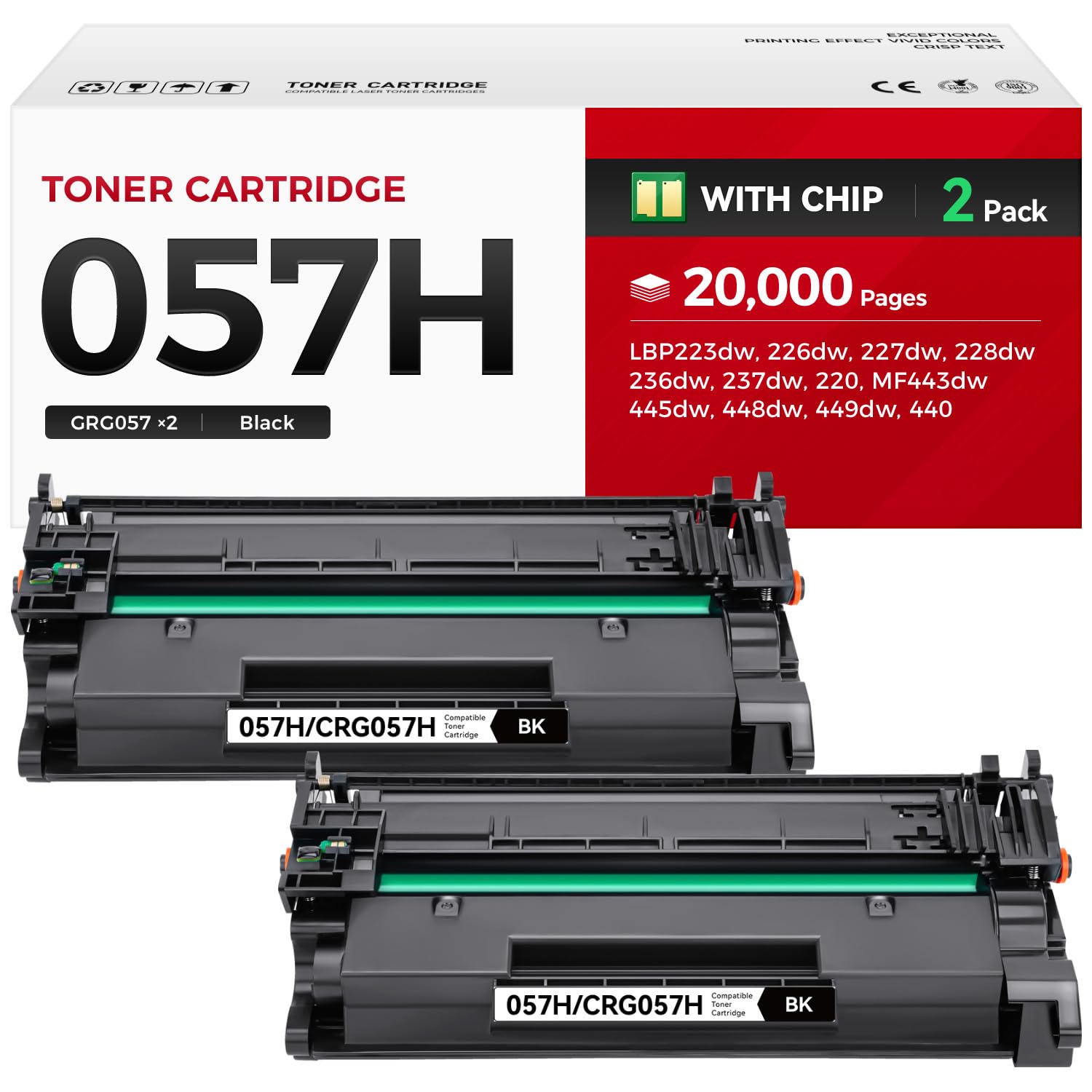 057H Toner Cartridge Black 2-Pack with chip High Yield Replacement for Canon 057 CRG-057 057H Compatible for Canon ImageCLASS MF445dw MF448dw LBP226dw LBP227dw LBP228dw MF449dw MF445 Laser Printer Ink