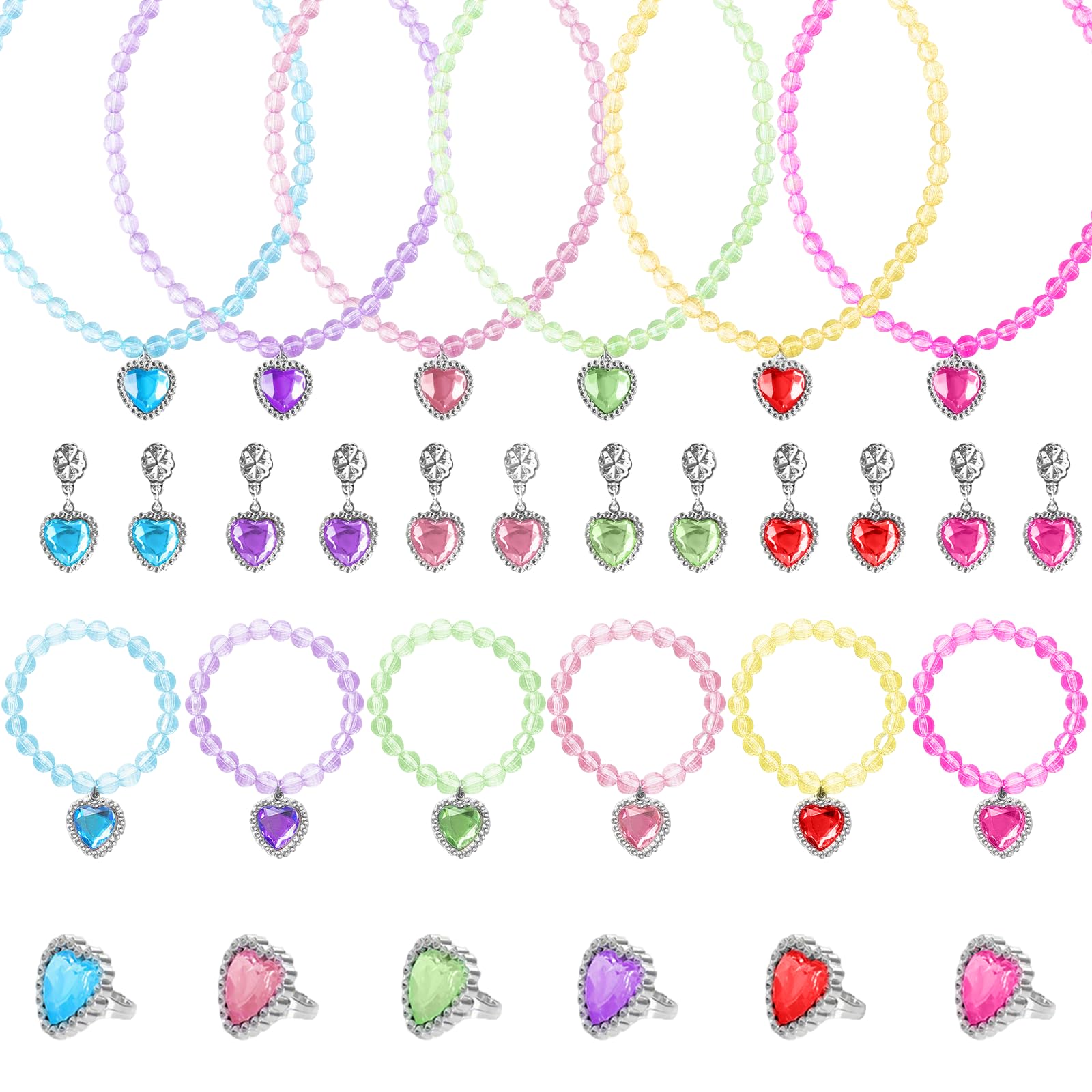 Axvxby 6 Set Princess Jewelry Dress Up Toy for Little Girls, Costume Role Play Accessories with Necklace Earrings Bracelet and Ring, Birthday Party Favors Gifts for Kids Cosplay