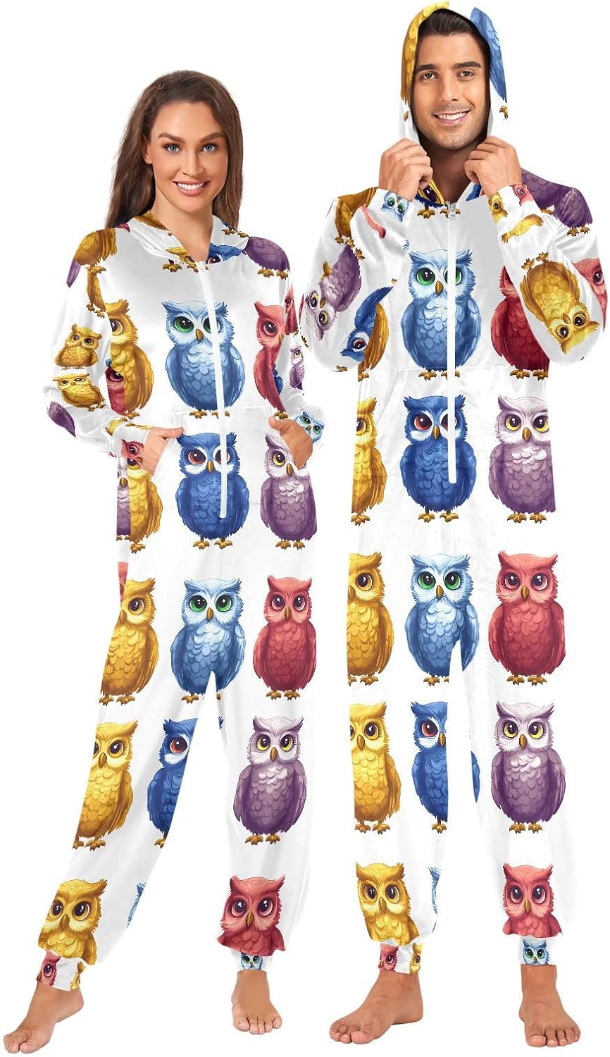 ALAZA Owl Funny Animal Adult Onesie Pajamas Novelty One Piece Costume Sleepwear Jumpsuits Matching PJS