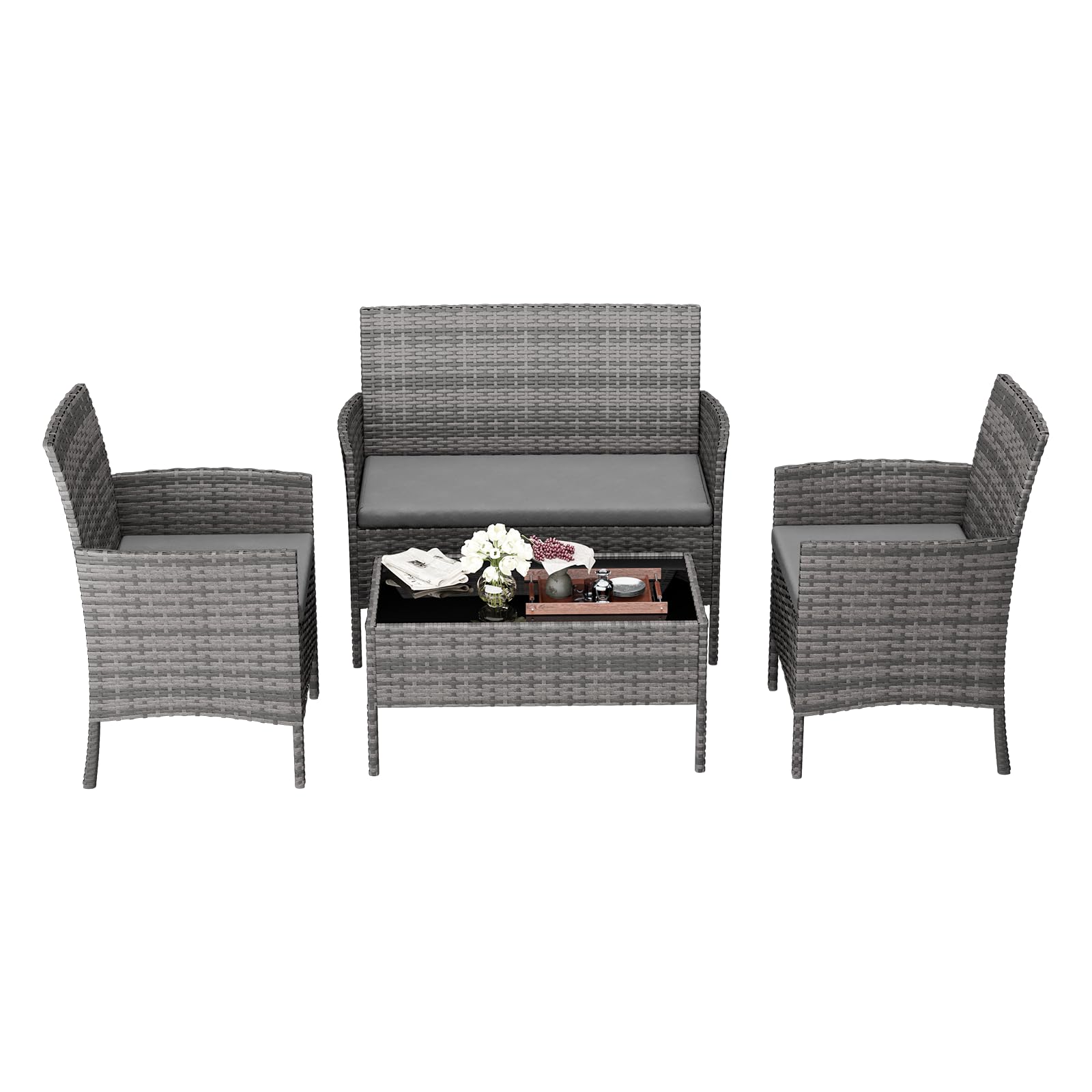 Amopatio Juego de muebles de jardín, muebles de ratán para balcón, 4 piezas, pequeño conjunto de asientos con 2 sillones, sofá y mesa para terraza, balcón, bordes de la piscina, color gris