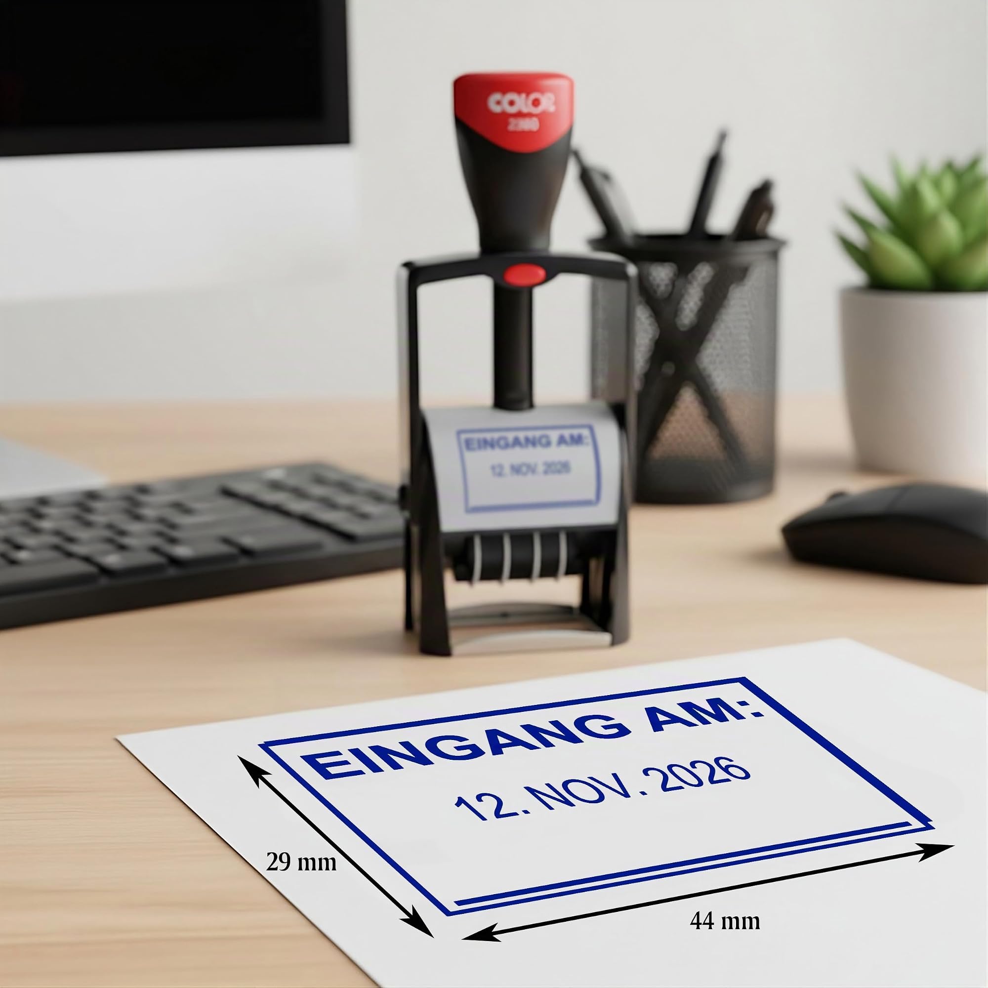 Dekolando Datumsstempel Stempel EINGANG AM – Colop 2360 selbstfärbender Kontierungsstempel mit Datum 44x29 mm, verstellbar Datumstempel für Büro & Verwaltung, Firmenstempel