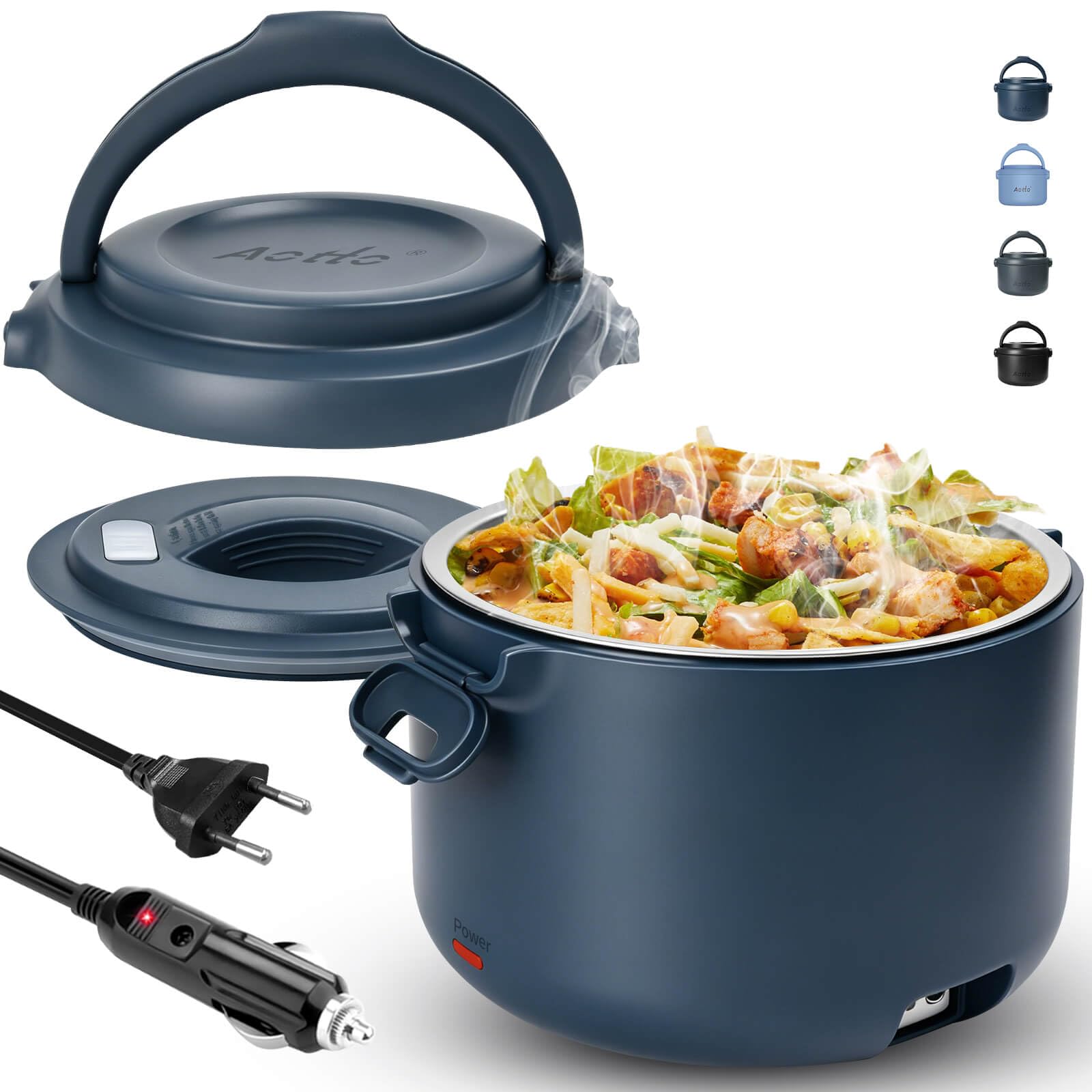 Aotto Electric Lunch Box Food Heater 80W - 3-in-1 Heated Lunch Box for Adults, 1L Self Heating Leakproof Stainless Steel Portable Food Warmer for 12V Car/24V Lorry/220-240V Office (Ocean Blue)