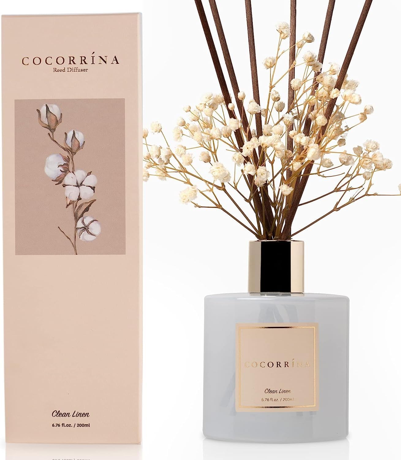 Cocorrina Aroma Diffuser Fresh Linen 200 ml with 8 Sticks for Home, Office, Bedroom, Kitchen, Living Room, Bathroom and Outdoor Patio