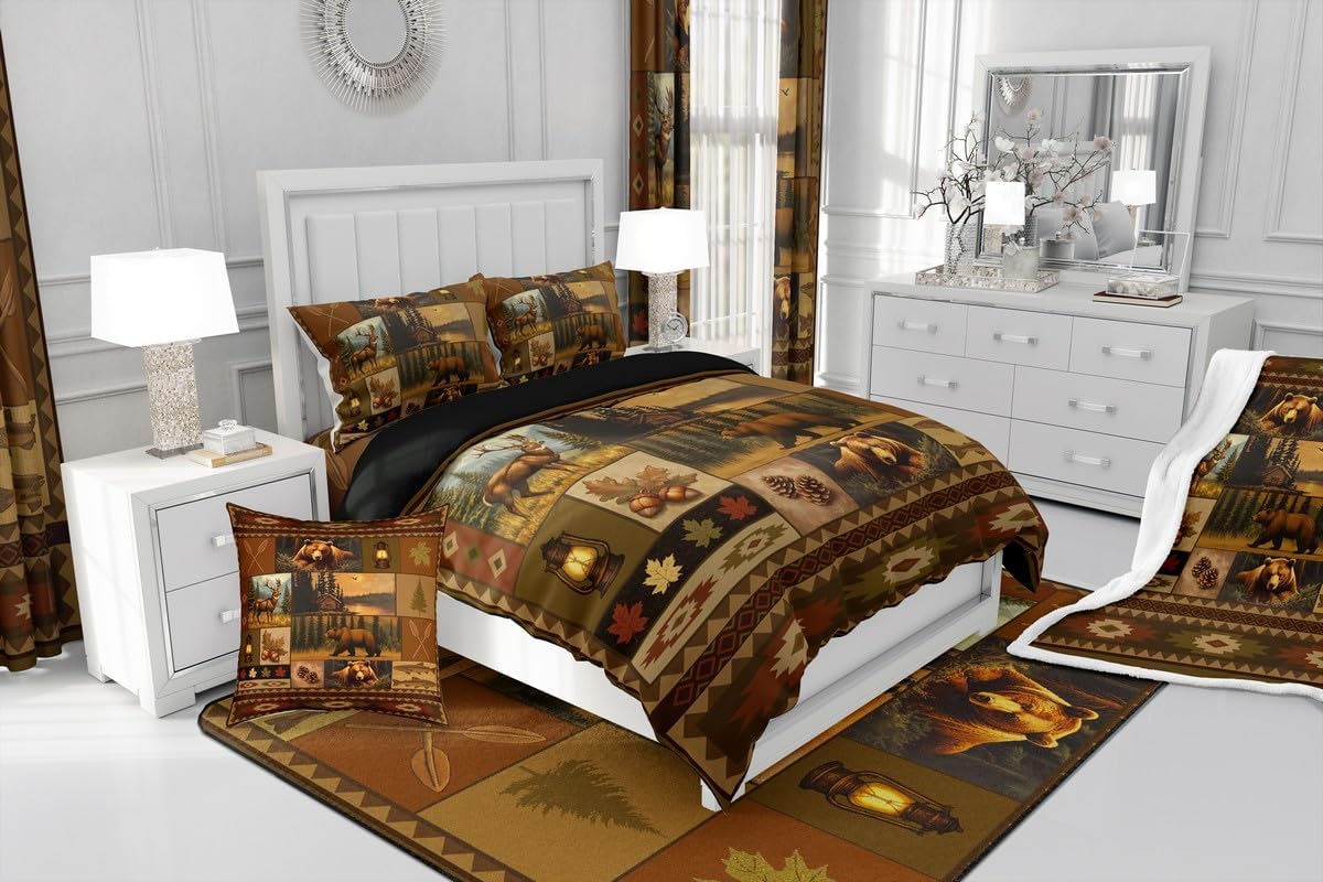 Feelyou Rustic Bear Bedding Set Soft for Boys Girls, Wildlife Hunting Comforter Set Queen Size Farmhouse Country Duvet Quilt Microfiber Cabin Lodge Bedroom Decor 3 Pcs with 2 Pillow Cases