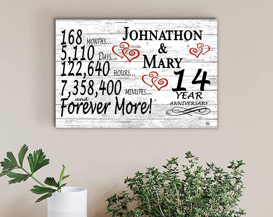 Personalized 14 Year Anniversary Sign Gift 14th Wedding Anniversary Present For Couple Days Minutes Years - Solid Wood - 16.5in x 10.5in x .75in (14 Year)