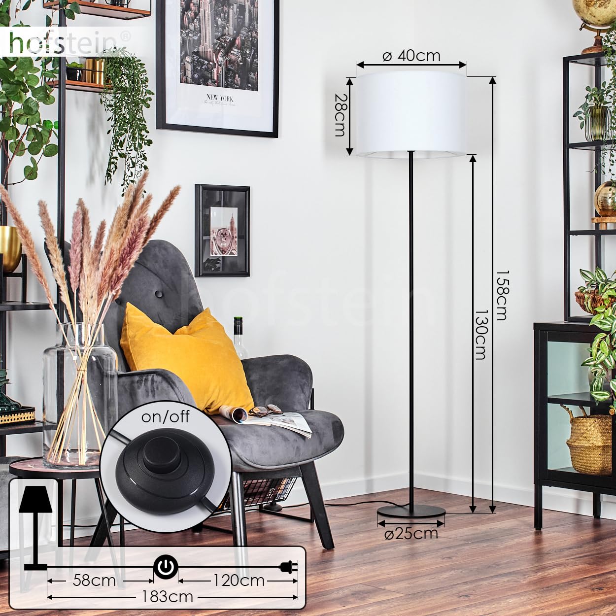 Stehleuchte Bassagoda, Stehlampe aus Metall/Stoff in Schwarz/Weiß, Leuchte im skandinavischen Design mit rundem Schirm (Ø 40 cm) u. Fußschalter, Höhe 158 cm, 1 x E27, ohne Leuchtmittel