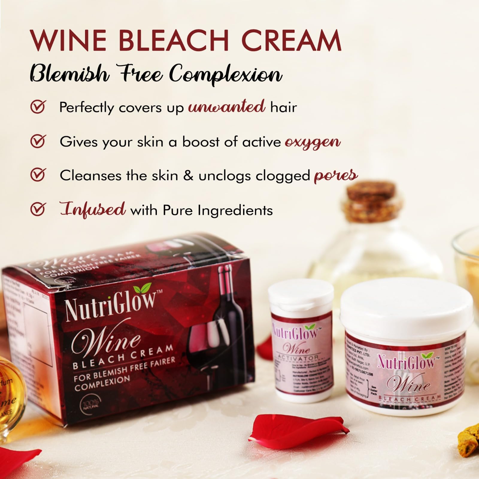 NutriGlow Wine Bleach Cream With Grape Extracts For Blemish Free Fair Complexion, Tan Removal And Glowing Skin, 43gm 1