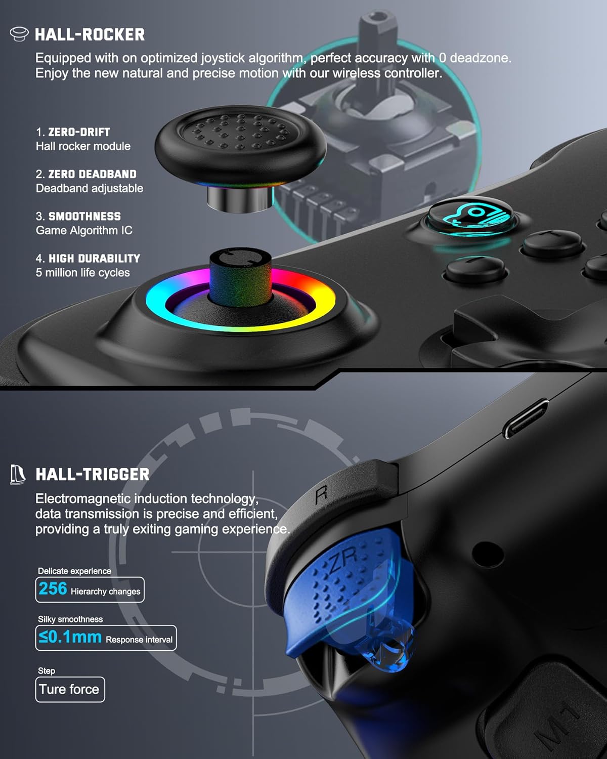 Joso Mobile Gaming Controller for iPad/iPhone/Tablet, Cloud Controller Remote Joystick for iOS/Android, Wireless Switch Controller with Macro Buttons/Hall-Rocker/Hall-Trigger - Grey - Image 7