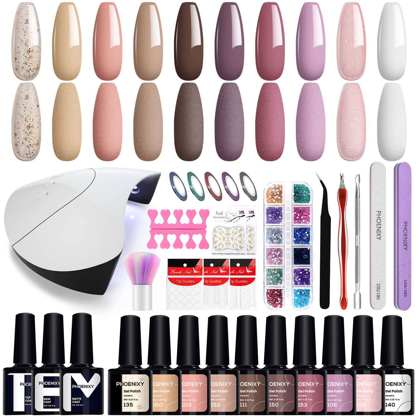 Kit Uñas Semipermanente Phoenixy con 36W U V/LED Lámpara 10 Colores Kit Uñas de Gel Completo Base y Top Coat Set Manicura Semipermanente con Marrón