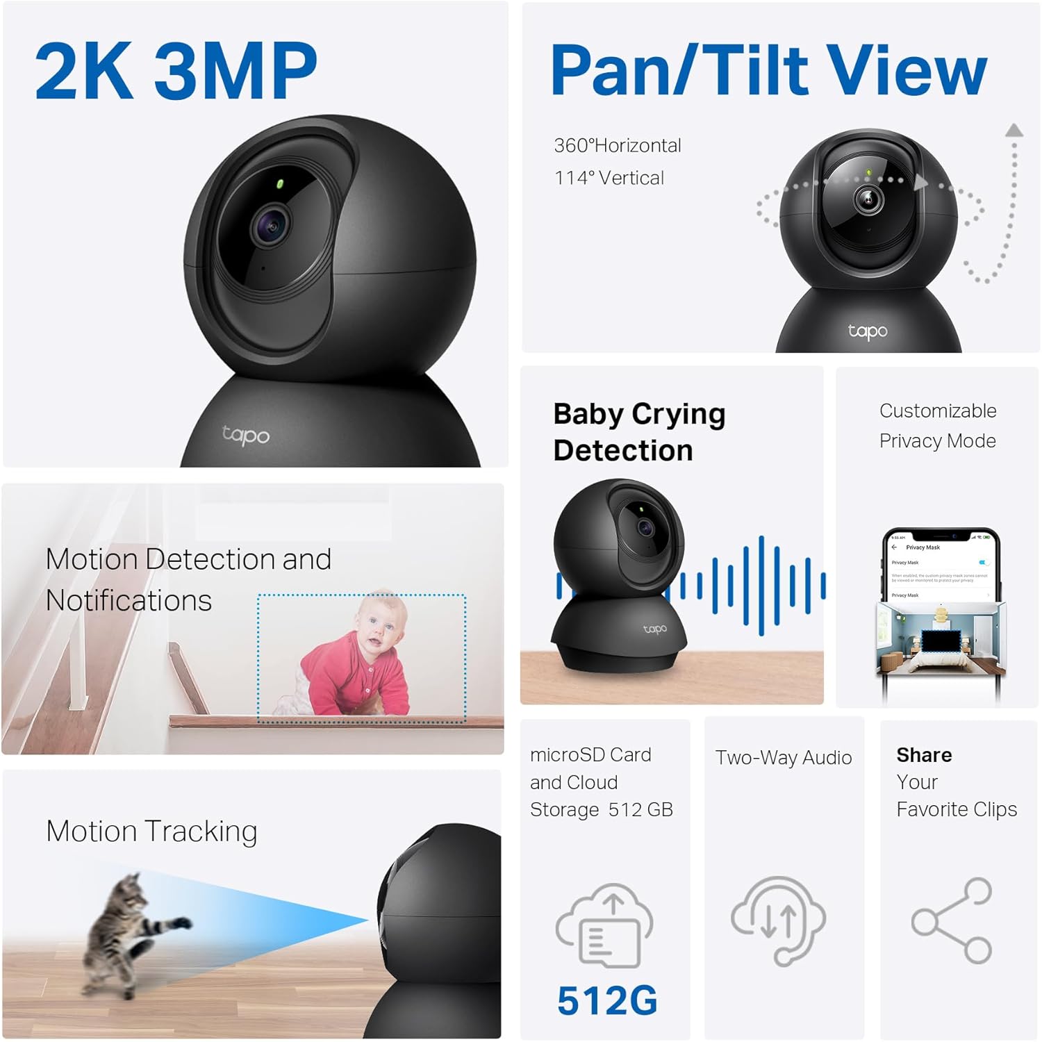 Tapo Indoor Camera for Security, Wifi Camera, 2K 3MP, 360° Baby and Pet Monitor, CCTV, AI, Smart Motion Detection & Tracking, Night Vision, Works with Alexa & Google Home, Elegance Black (Tapo C211) 3 71+EB2F35jL. AC SL1500