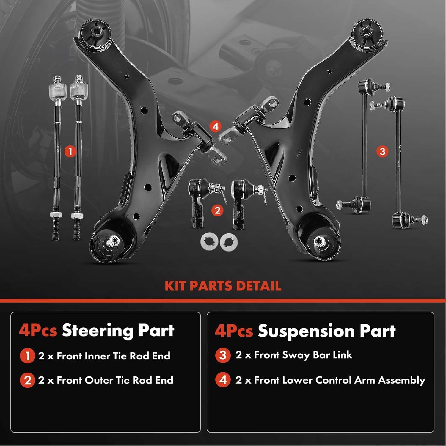 A-Premium Set of 8, Front Lower Control Arm, Sway Bar Link, Inner Outer Tie Rod End, Compatible with Kia Spectra 2005-2009, Spectra5 2005-2009, L4 2.0L