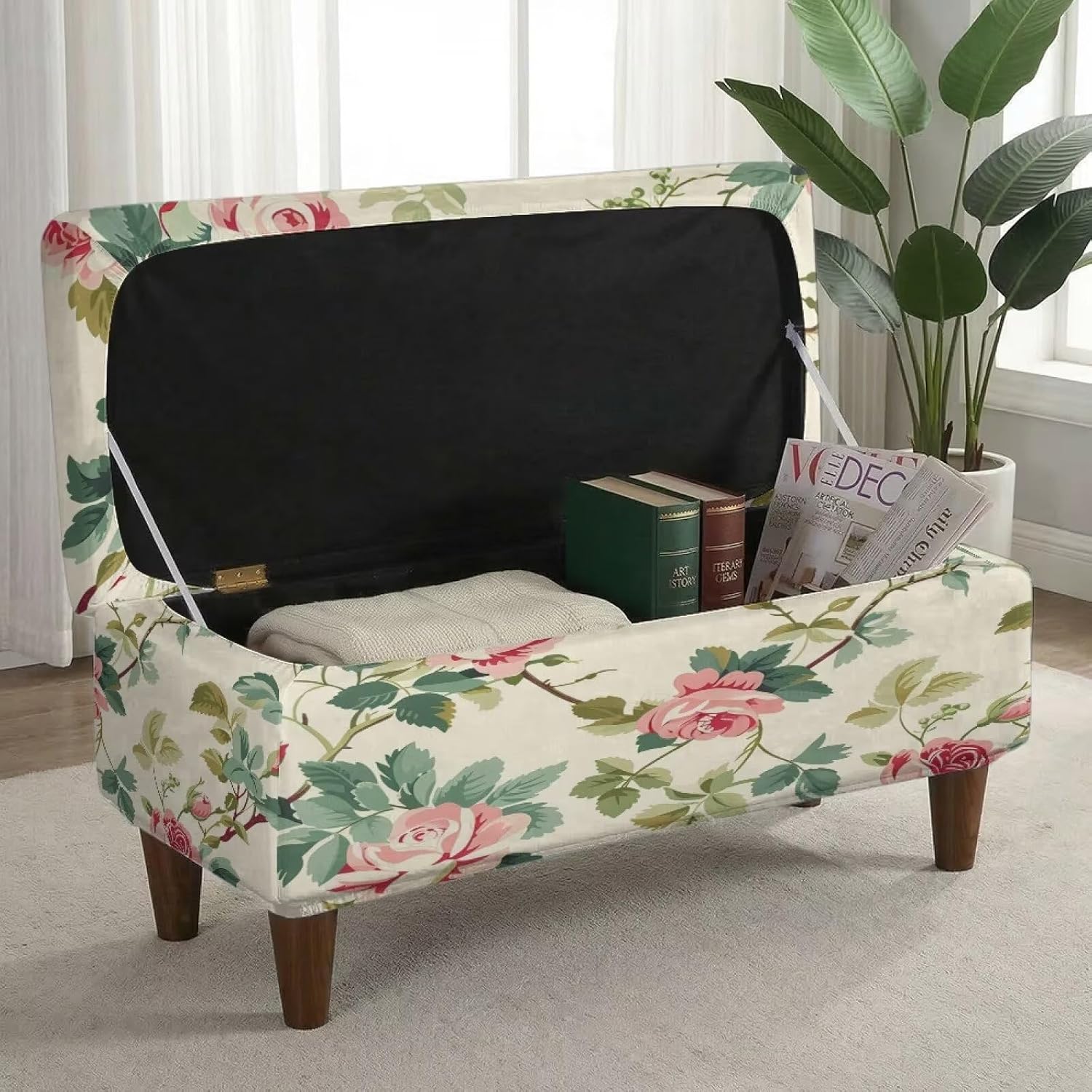 Ottoman Slipcover Rectangle, Stretch Footrest Protector, Anti-Skid Elastic Band + Center Strap, Soft Thick Breathable, for Living Room Office Hotel(Hummingbird Rose, Large)