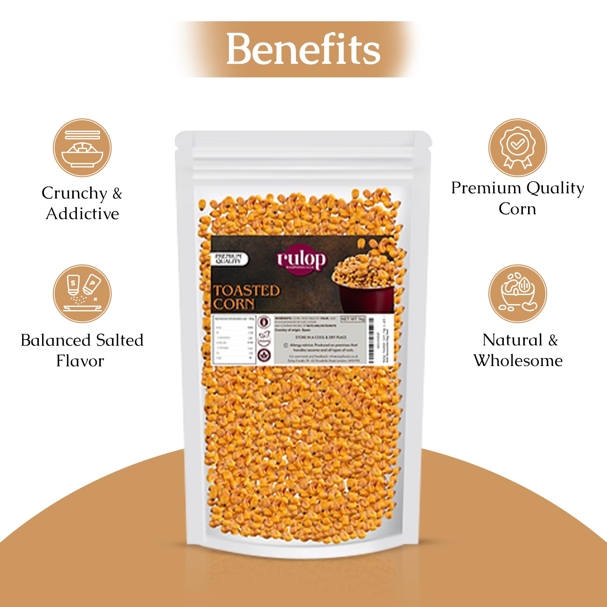 Rulop Toasted Corn 1kg | Salt Flavour | Roasted Salted Corn Nuts Kernels | Premium Fresh Crispy Crunchy Authentic Spanish Savoury Snack | Bulk Resealable Bag