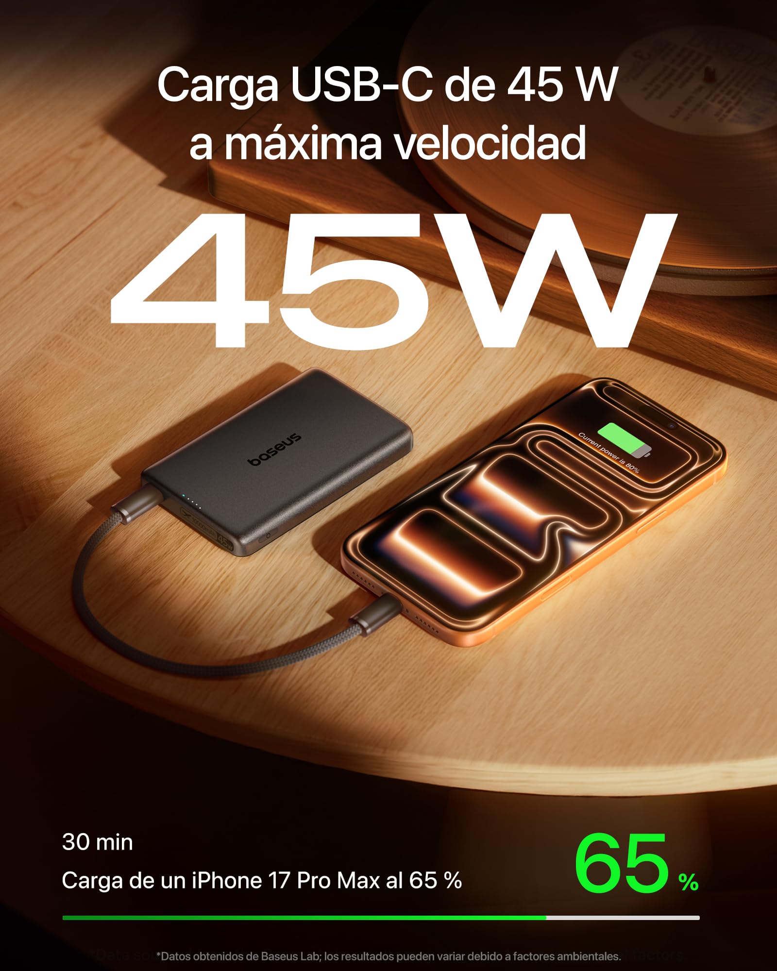 Baseus PicoGo AM52 MagSafe Powerbank, Qi2.2 Magsafe de 10 000 mAh, Carga Inalámbrica Ultrarrápida de 25 W, Carga Rápida PD de 45 W, Batería Externa Magnética Slim para iPhone 17/16 Pro MAX, Negra