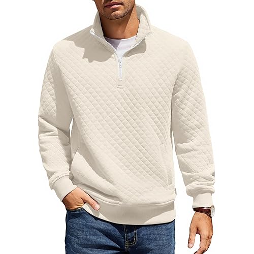 COOFANDY Mens Quarter Zip Pullover Quilted Sweatshirt Knit Long Sleeve Mock Neck Sweater Polo with Pocket
