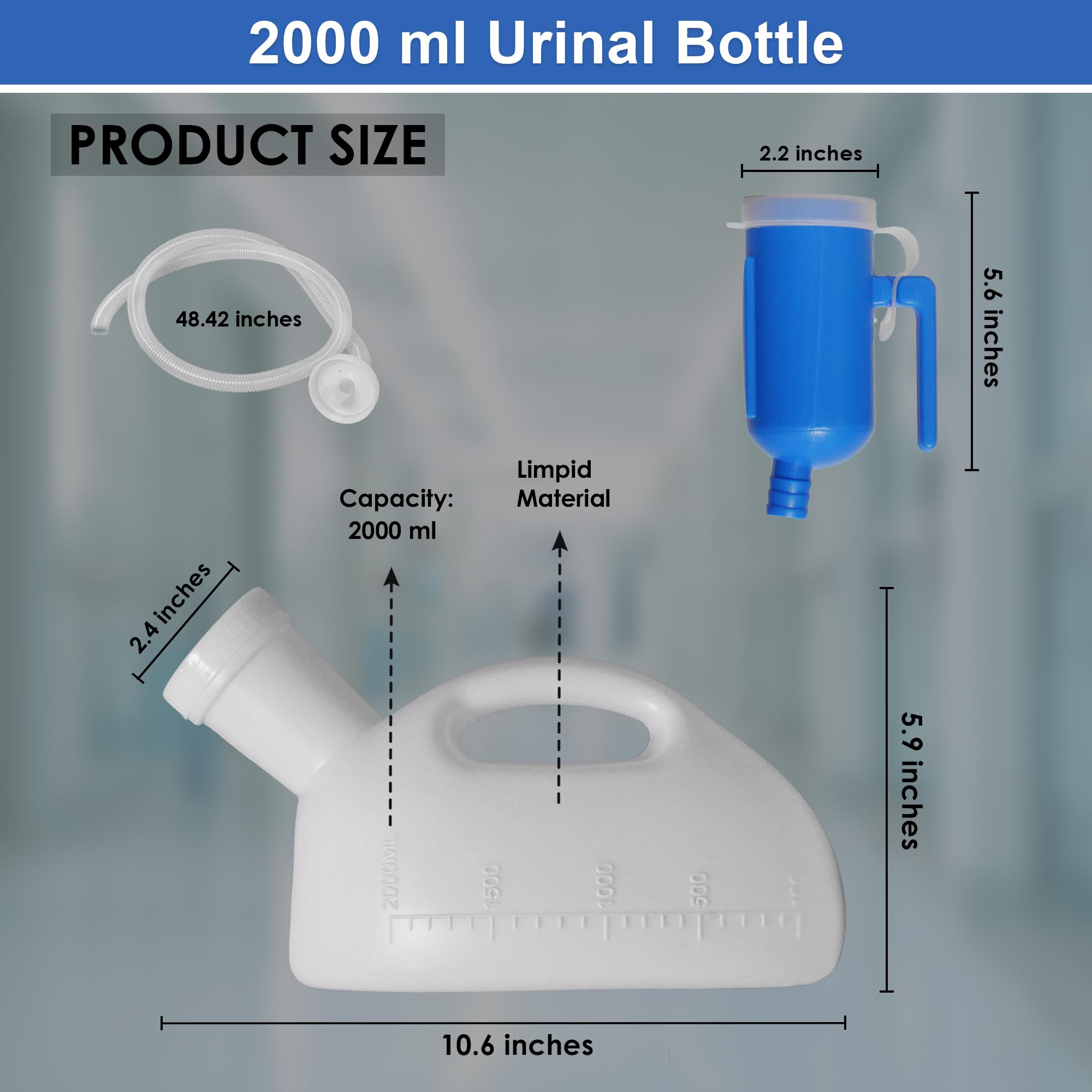 Urinoir portable pour homme, 2 000 ml, anti-déversement, réutilisable, avec tuyau de 122 cm de long avec couvercle, pour patients alités, blanc