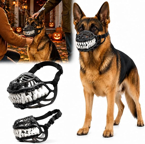 Bozal de Monstruo Perro Infernal, Máscara de Mascota Aterradora de Látex Natural con Dientes Afilados, Correa Ajustable para Cosplay de Halloween Hombre Lobo Bestia para Fiesta de Perros Truco o Trato Accesorio de Foto, Sin Sangre: M
