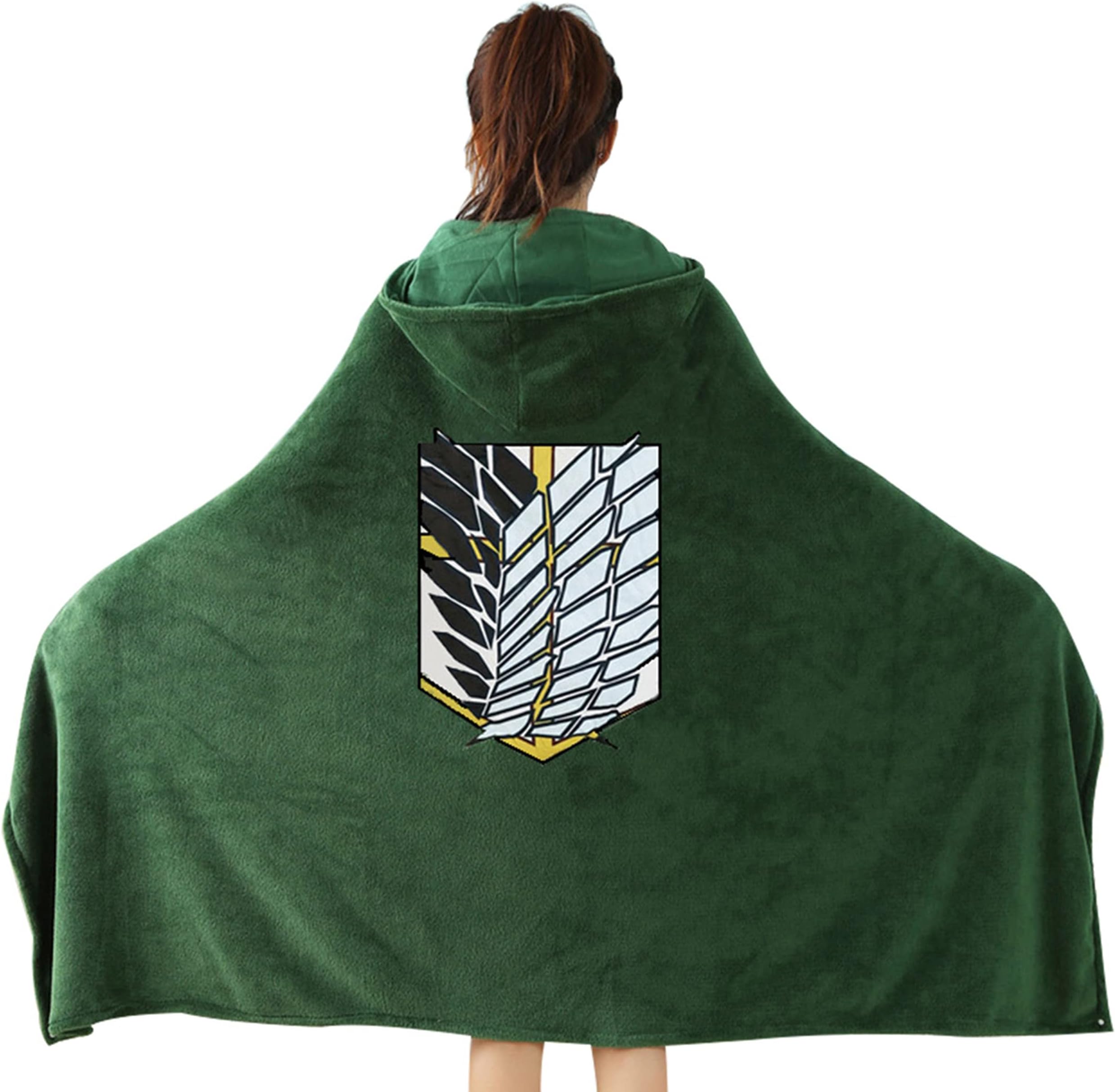 lancoszp Anime Cosplay Survey Corps Hooded Flannel Cloak Cape Halloween Wings Printing Wearable Blanket, XL Green