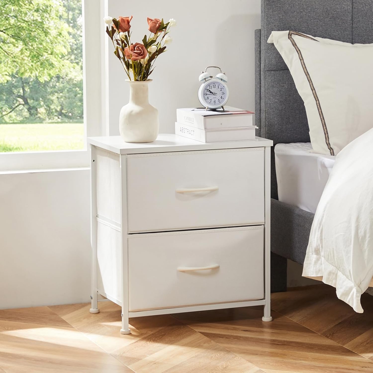 sweetcrispy nightstand set of 2 with 2 storage drawers, 20" height small bed side furniture end table, wooden top fabric cabinet kids mini dresser for bedroom, closet, entryway, college dorm white 11.8"d x 18"w x 20"h (2 drawers), 2 pack