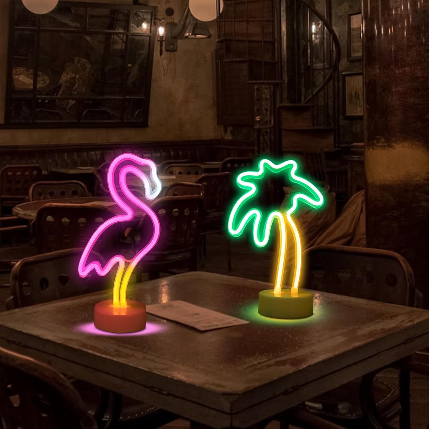 ENUOLI LED Flamingo and Coconut Palm Tree Neon Signs LED Battery/USB Powered Neon Light with Holder Base Decoration Neon Light for Bedroom Home Wedding Christmas Birthday Holiday Bar Party Decoration