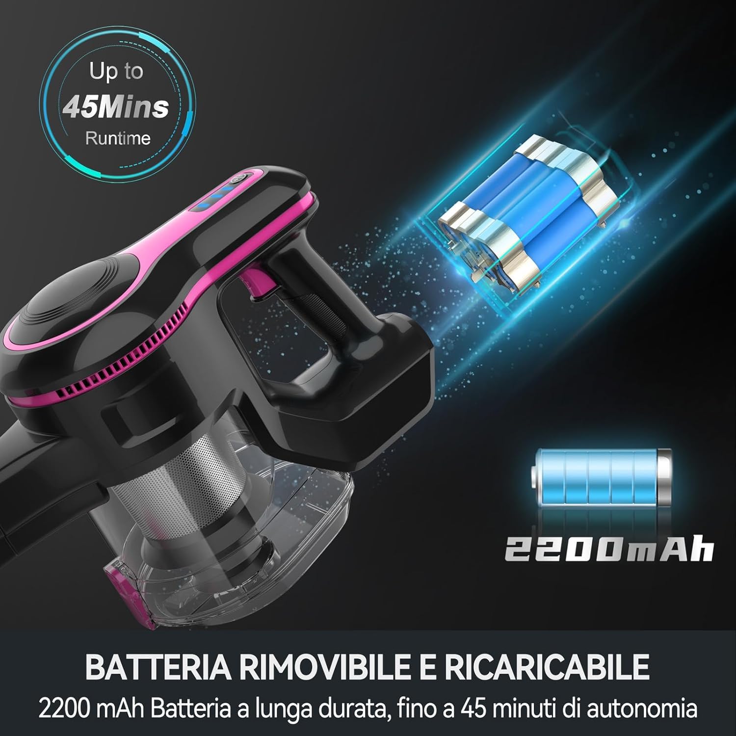 Generico Aspirapolvere Senza Fili Potente, Scopa Elettrica 45 Minuti Spazzola a LED Dust Cup Grande 1,2L, Scopa Elettrica in Piedi da Sola, per tappeti e peli di Animali