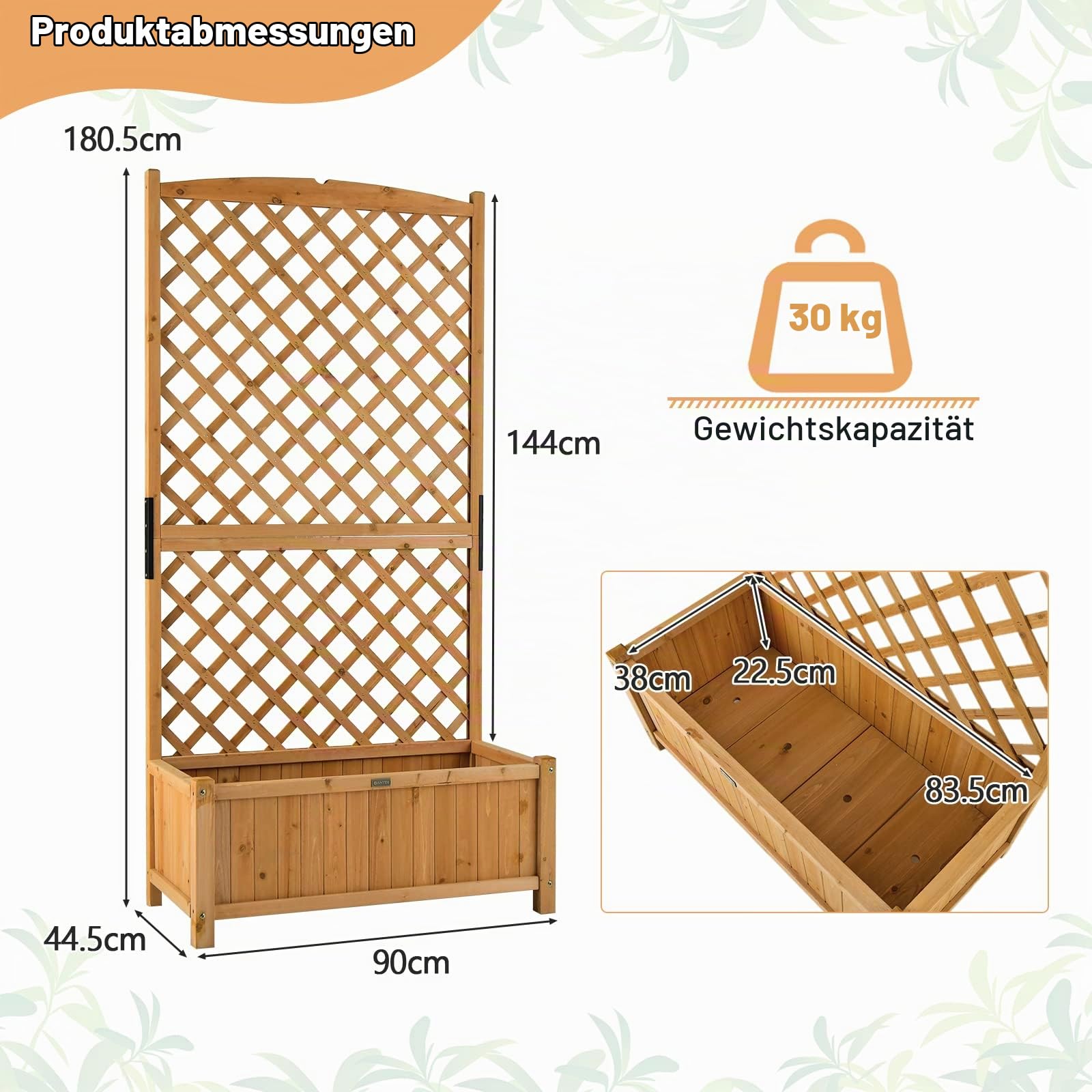HOMASIS Pflanzkübel mit Rankgitter, Blumenkasten mit Spalier, Pflanzkasten Pflanzgefäß aus Holz, Hochbeet Rankkasten Gartenspalier für Balkon, Garten, Terrasse, 90 x 44,5 x 180,5 cm (Orange)