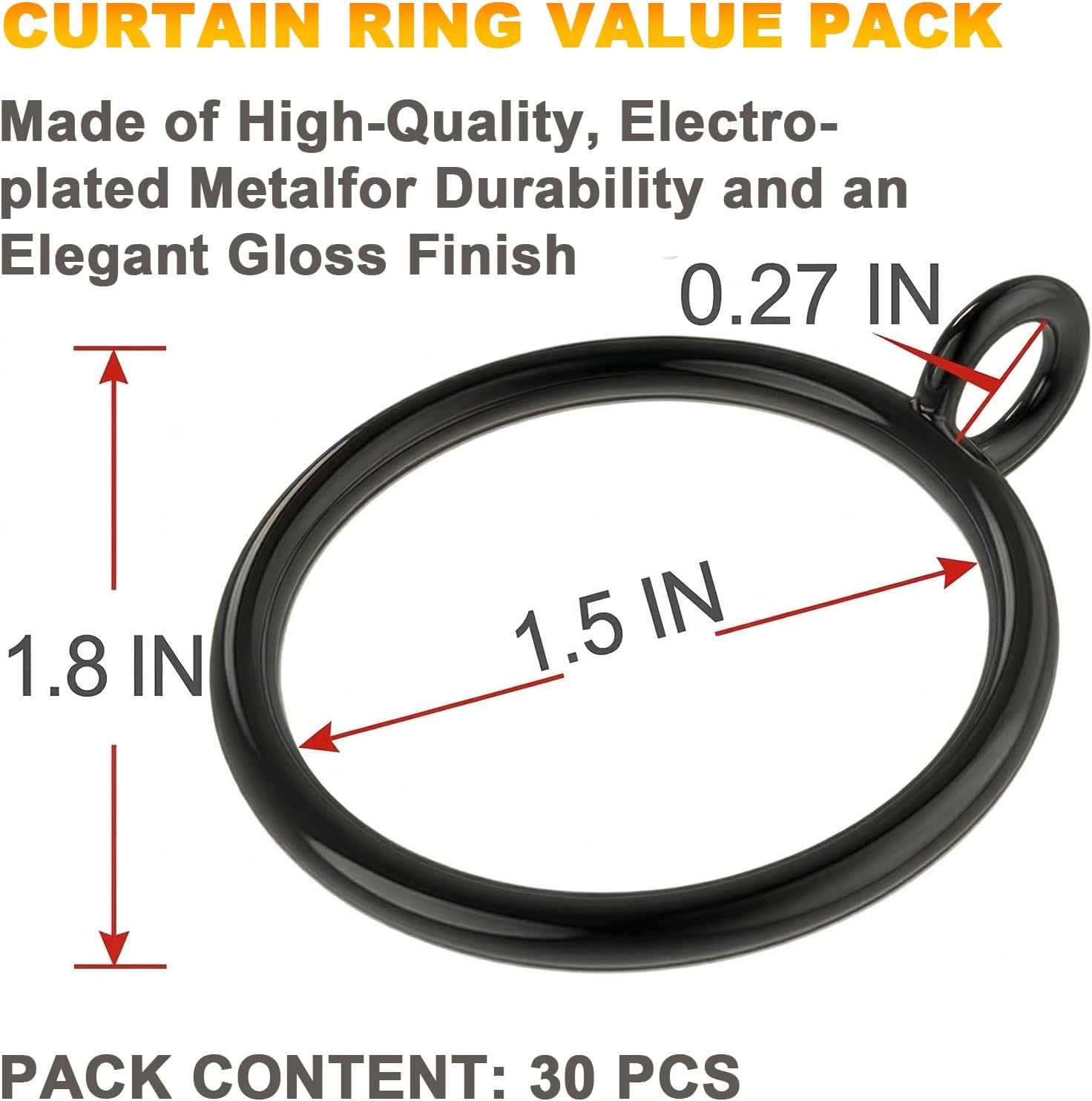 Black Curtain Rings with Eyelets, Metal Drapery Rings for Up to 1 1/4 Inch Curtain Rod (1.5 Inch Rings), 30 PCS