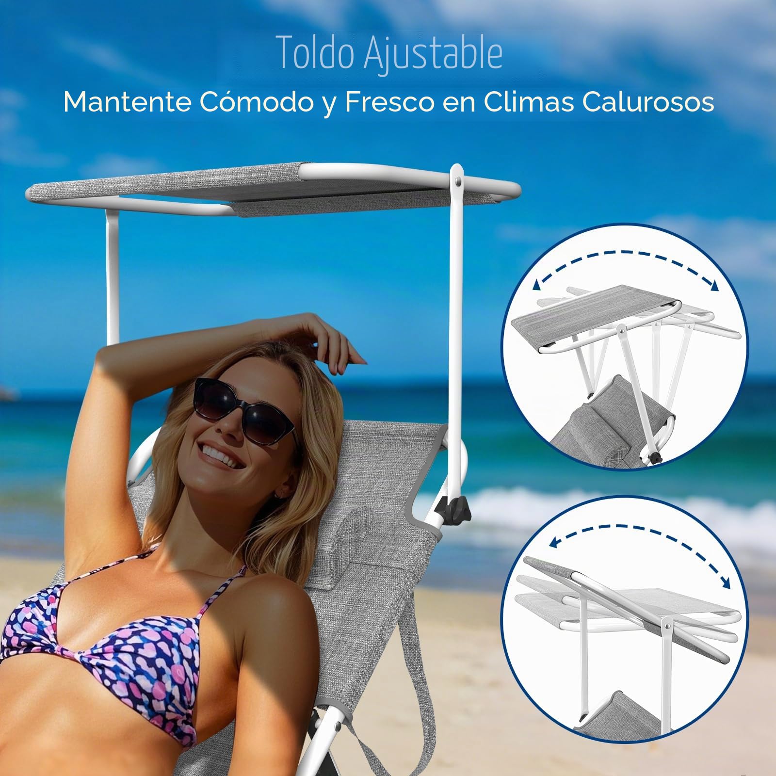 Tumbonas Extra Anchas 195 x 69 x 29, con Toldo Ajustable de 360°, Bolsillo Lateral, Respaldo Ajustable, para Jardín y Playa, 2 Unidades, Gris Oscuro