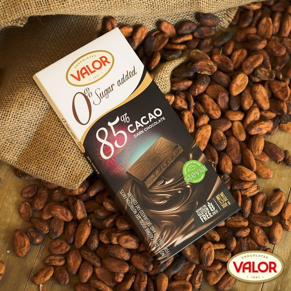 Valor. 85% Cocoa Dark Chocolate. No sugar added. 100g (3.53oz). Pack of 3.
