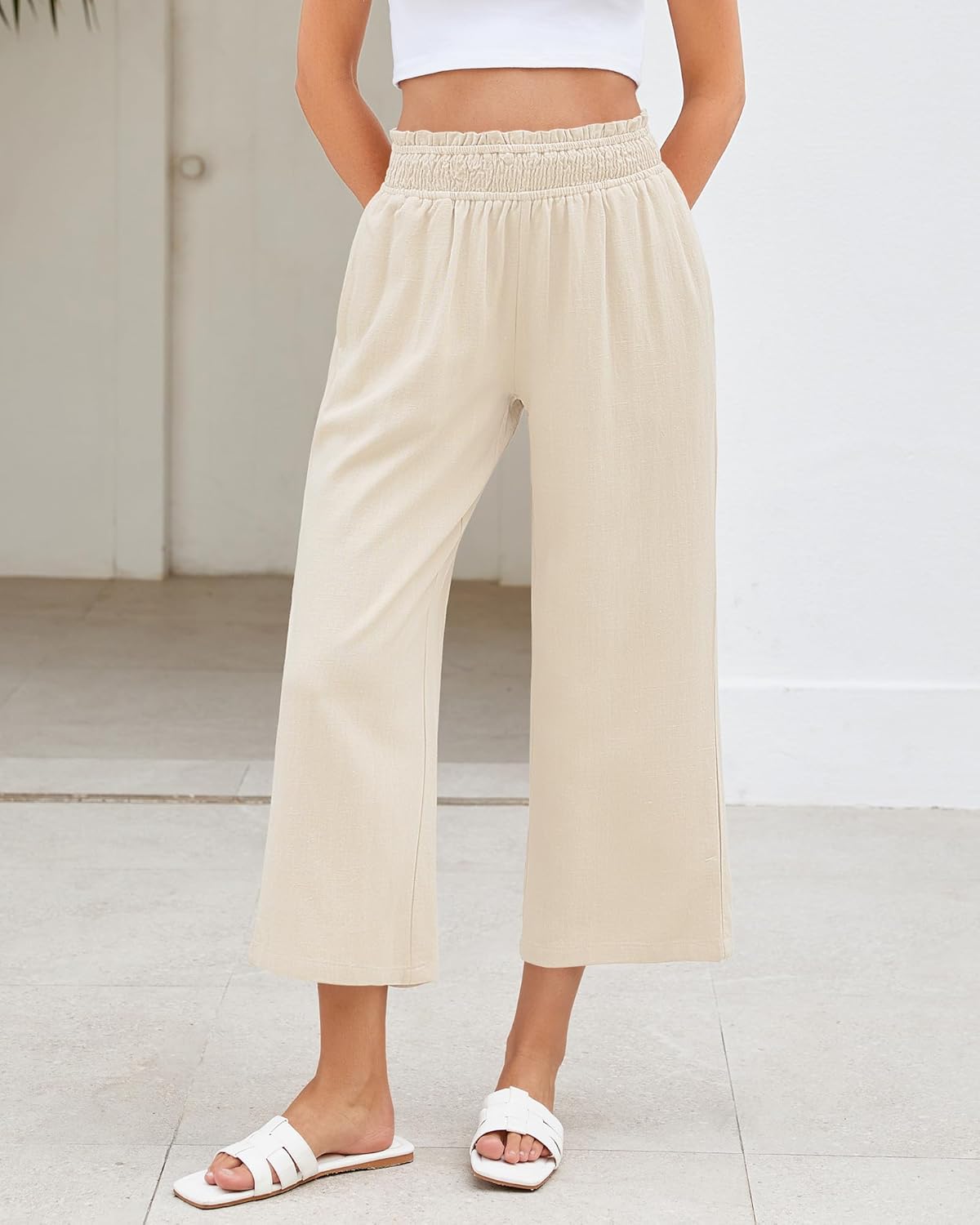 LookbookStore Women's Wide Leg High Waisted Linen Capri Pants - Image 2