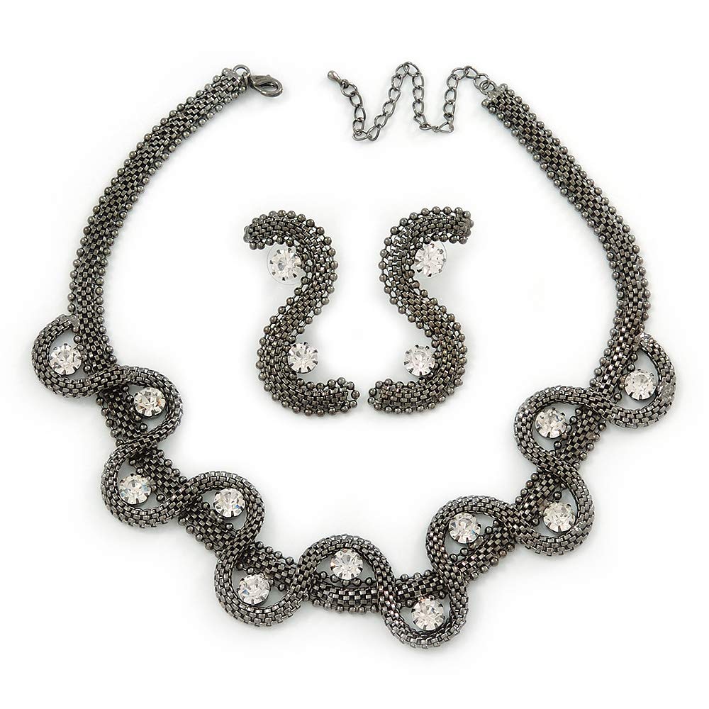 Juego de collar de malla con cristales y pendientes de bronce de 40 cm 8
