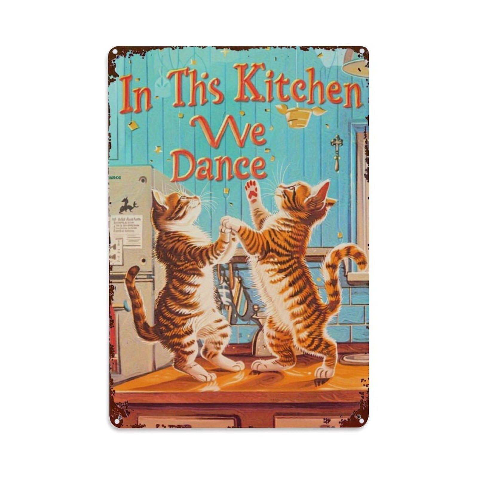 Jdyaojiesheng Vintage Cats Dancing Kitchen Scene Art Tin Sign Retro Metal Wall Decor Metal Poster, Home Bar Garage Farmhouse Cafe Wall Art Decoration 8X12inches