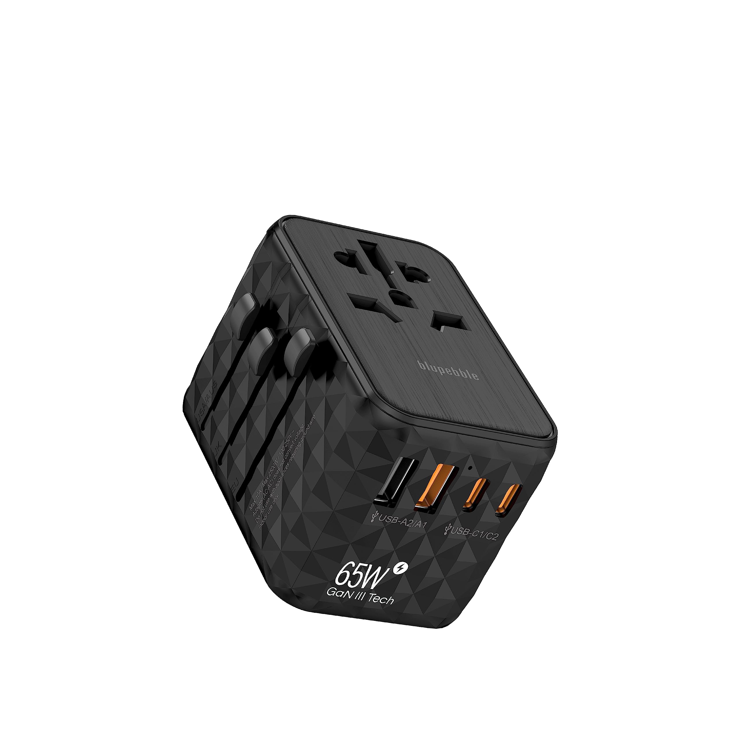 BlupebbleBlupebble Passport 2.1 World Travel Adapter with 2 USB-C + 2 USB-A ports, 65W PD Fast Charge and 60W QC 3.0 Charging Max for EU, UK, USA, AU, Power Adapter Socket for Multi Countries (Black)