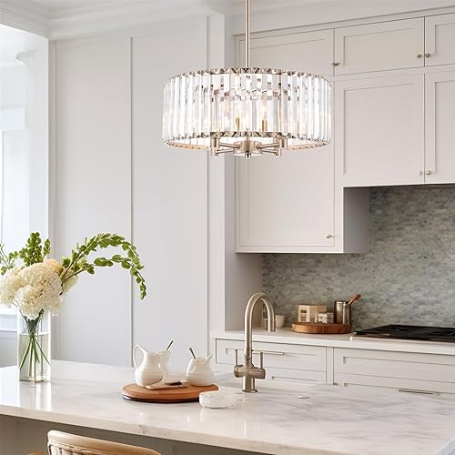 Miniatura 7 de Kira Home Delilah - Lámpara de araña moderna con 4 luces de cristal de 16 pulgadas + paneles de vidrio biselado transparente, acabado de níquel