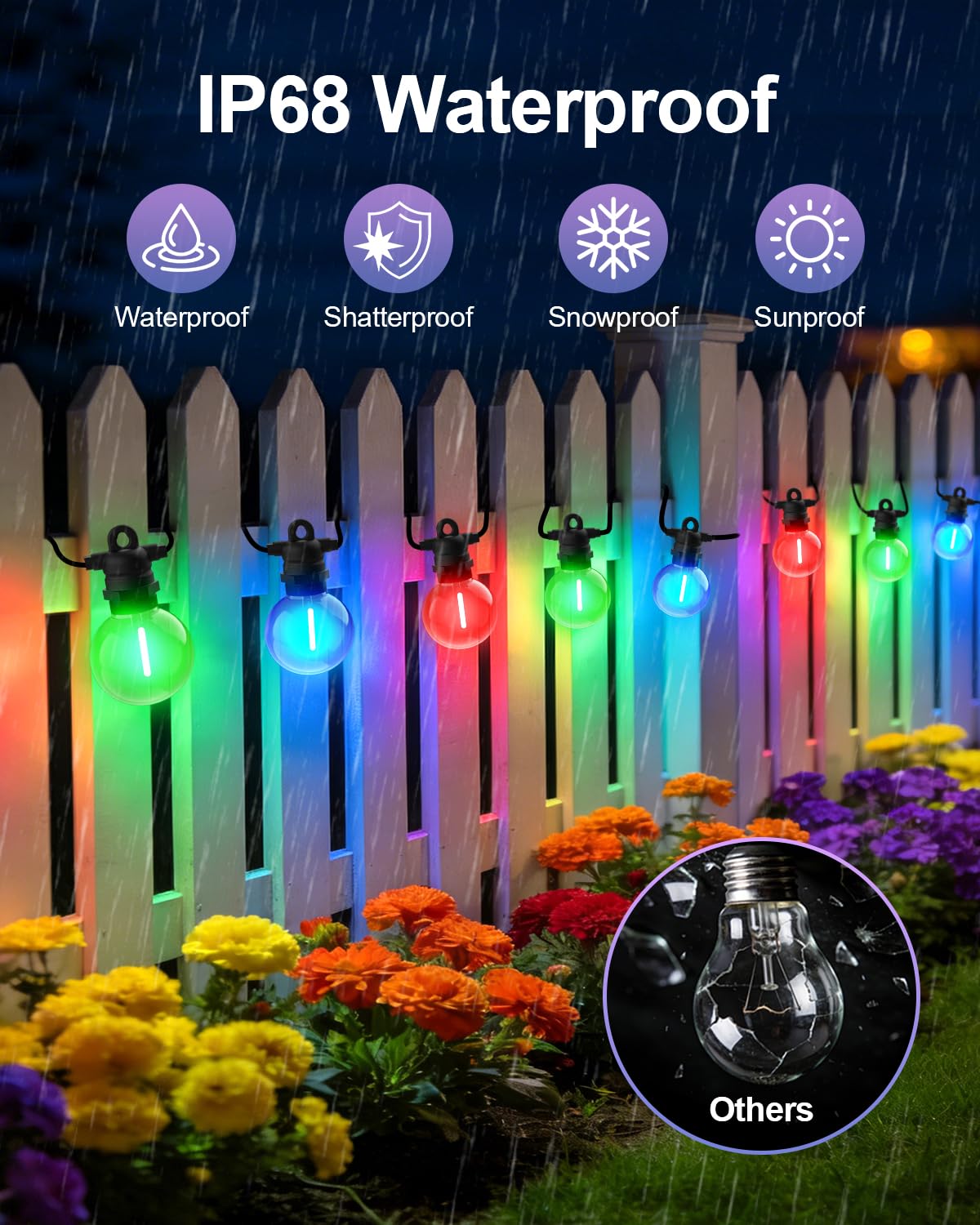 Cadena de luces LED para exteriores, luz blanca cálida y cambio de color, 15 m, 24 bombillas, 8 modos, cadena de luces para exteriores con mando a distancia, IP68 G40, cadena de luces para