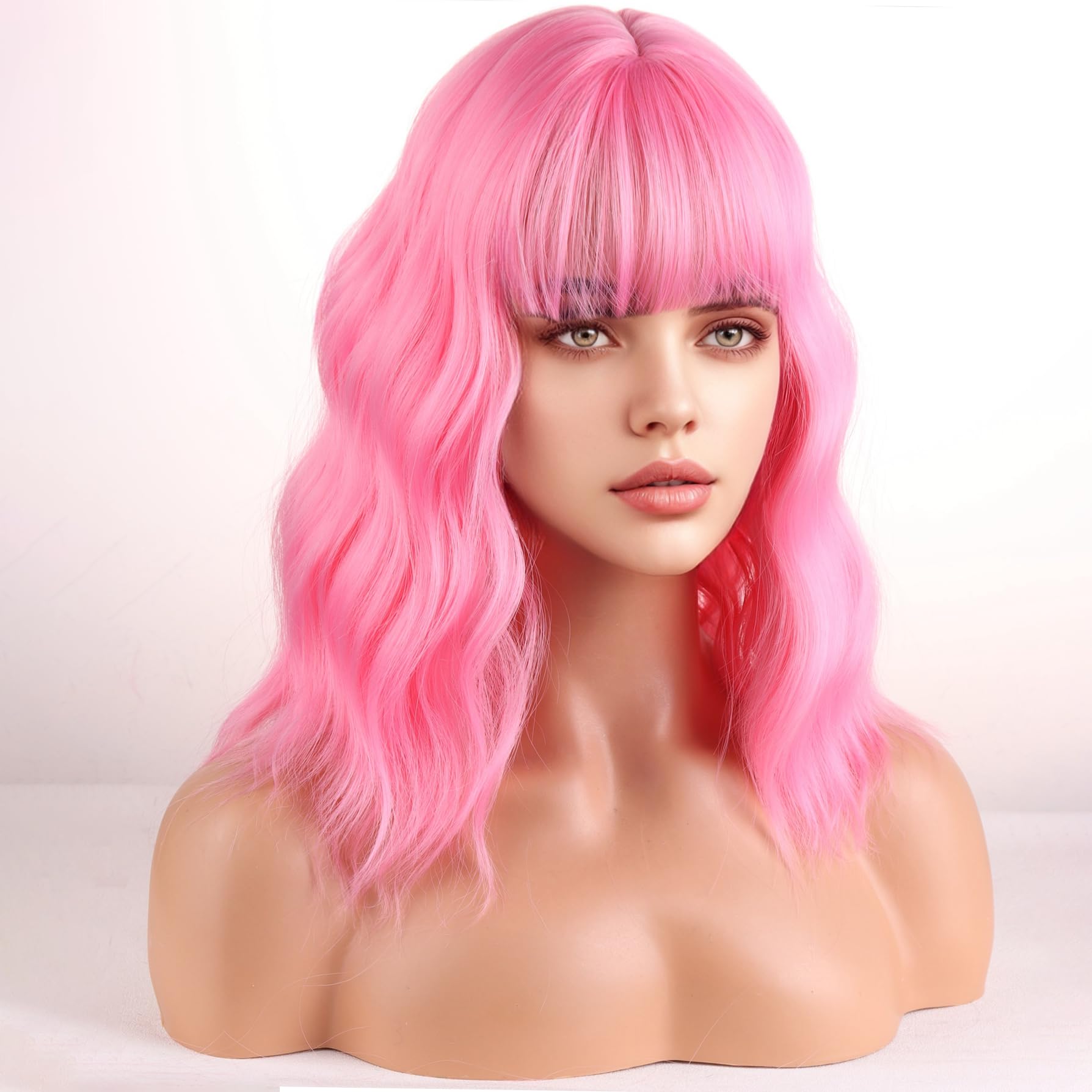 WTHCOS Pink Wig With Bangs for Women Short Pink Curly Wavy Heat Resistant Synthetic Cosplay Wigs for Daily Use With Wig Cap