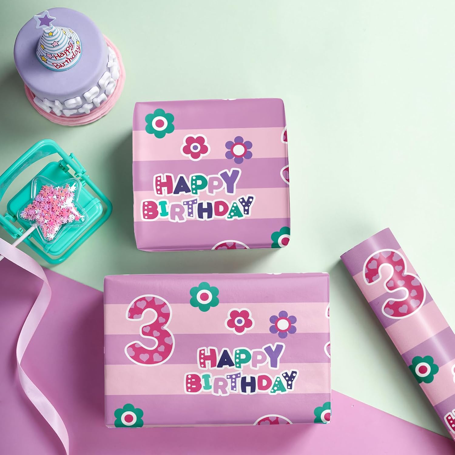 WRAPAHOLIC 3rd Birthday Wrapping Paper Sheet - 6 Sheets Pink Happy Birthday with Floral Design Folded Flat for Bday, Party, Baby Showers - 19.7 Inch X 27.5 Inch Per Sheet