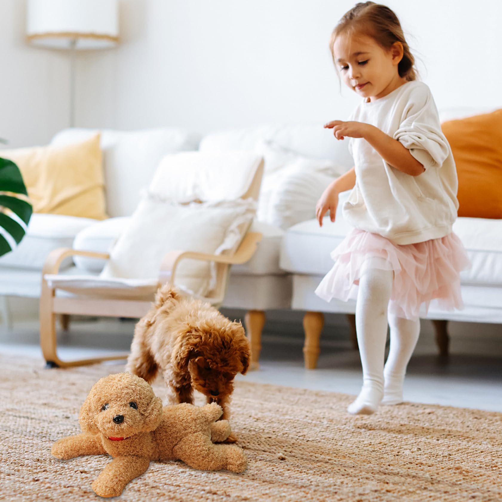 Hundeplüsch, süßer, lebendiger Teddy-Hund, Paarungsspielzeug, 35, 6 cm, mit Baumwolle gefülltes Plüschtier mit Halsband, dekorativ gefüllt für Couch, Sofa, Bett, Beige.