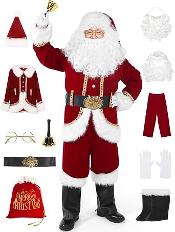 LETIME Santa Claus Costume for Men 11 PCS Christmas Deluxe Adult Santa Suit Velvet Outfit Plus Size Set for Holiday Cosplay