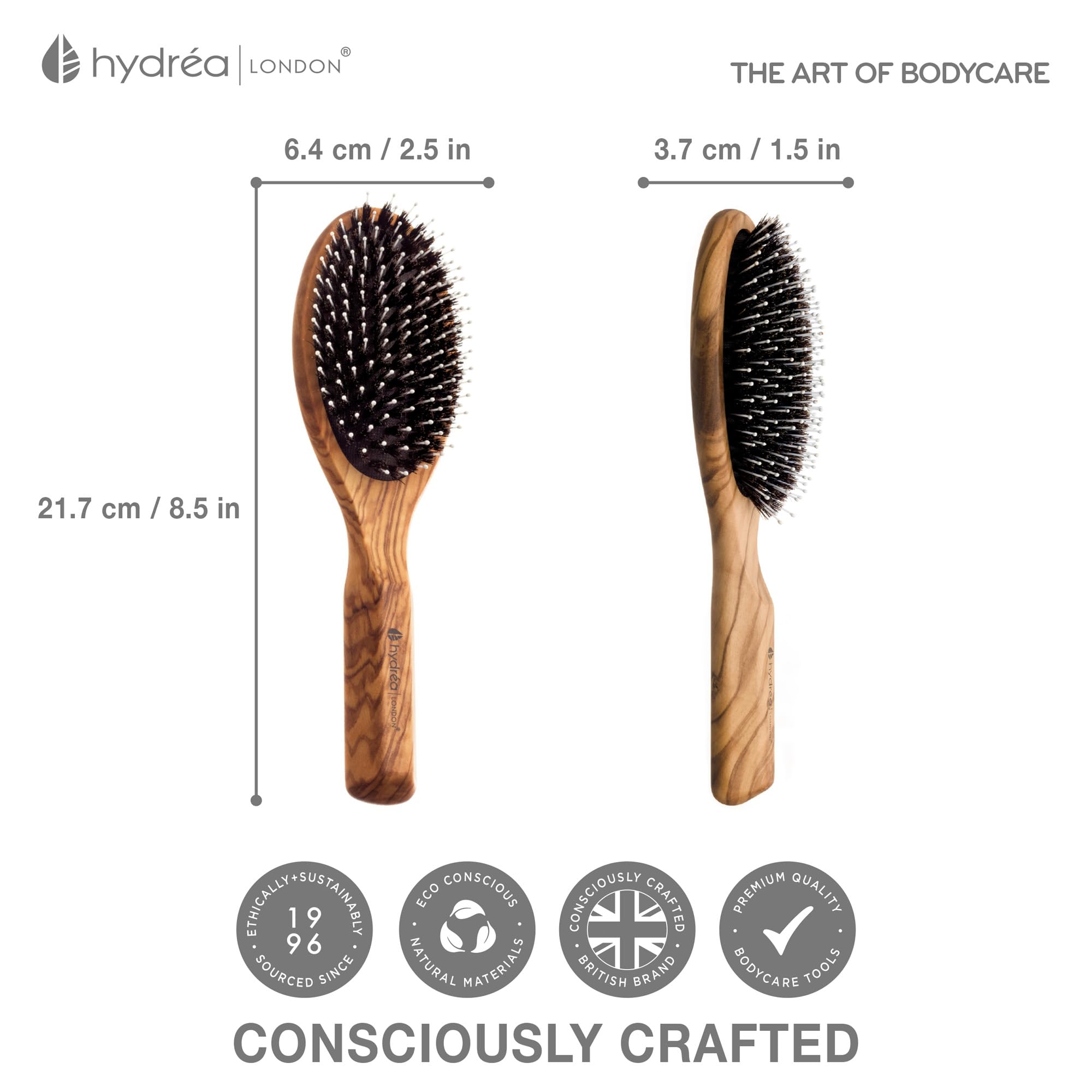 Hydréa London Brosse à Cheveux en Bois d'Olivier avec Épingles en Nylon et Coussin Confort Anti-Traction - Démêlant Luxe pour Femme & Homme - Cheveux Moyens à Épais