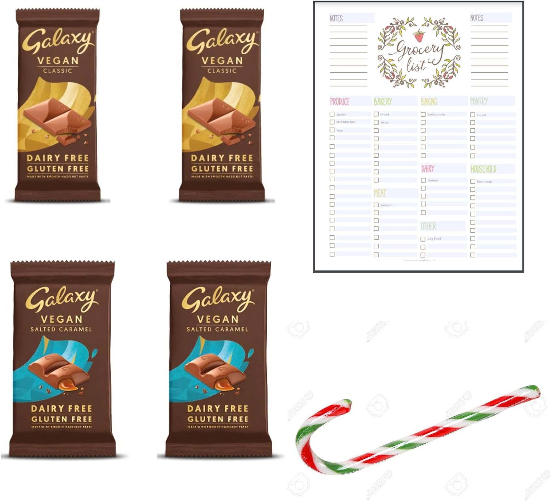 Dairy Free Chocolate Bundle which Contains Galaxy Vegan Dairy Free Smooth Classic Chocolate 100g (2) and Salted Caramel Chocolate 100g (2) - Pack of 4 with Candy Cane and Grocery List Card