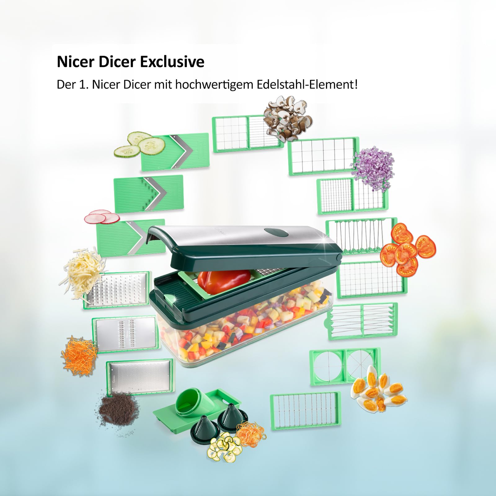 Genius Nicer Dicer Exclusive 30 tlg Gemüseschneider & Gemüse Hobel multifunktional- Mandoline, Würfelschneider, Julienne & Spiralschneider, Reibe, Zerkleinerer für Gurken, Kartoffeln, Obst