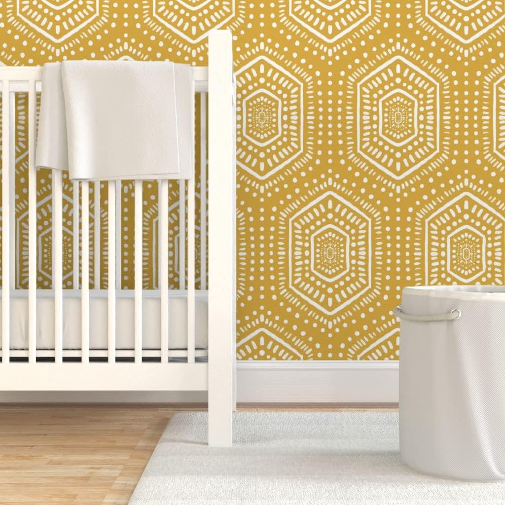 Spoonflower Peel & Stick Wallpaper Swatch - Boho Mustard Yellow Dots Paint Tribal Bohemian Hexago Custom Removable Wallpaper